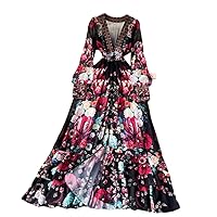 Women V-Neck Bohemian Style Dress Spring Summer Long Sleeve Casual Floral Print Ruffles Sweet Cascading Vestidos