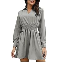 2023 Women Smocked Stretch Waist-Defined Mini Dress Long Sleeve Lapel Summer Dressy Casual Solid A-Line Dresses