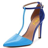 FSJ Women Sexy T-Straps High Heel Closed Pointed Toe Pumps Stylish Ankle Straps Office Dress Party Shoes with Buckle Size 4-15 US