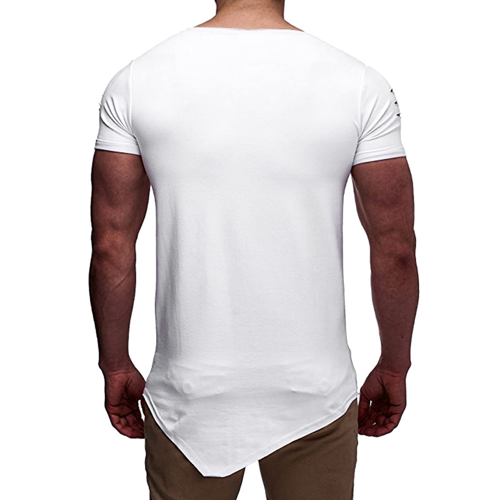 Mens Personality Ripped T Shirts Summer Casual Short-Sleeved Round Neck Pullover Irregular Hem Solid Color Blouse Tops