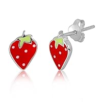 WithLoveSilver 925 Sterling Silver Cute Enamel Sweet Red Strawberry Fruit Stud Earrings