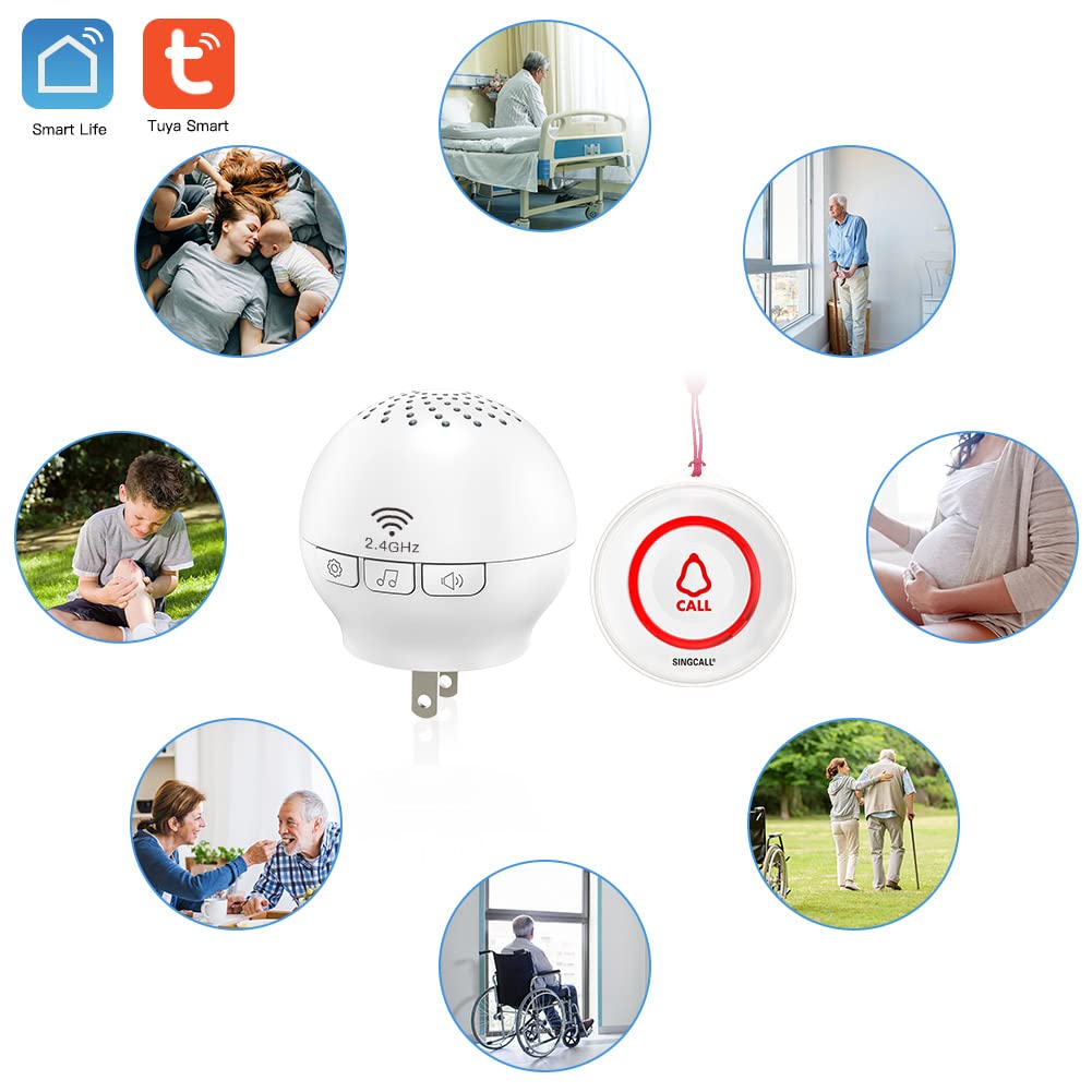 SINGCALL Tuya WiFi Smart SOS Emergency Wireless Caregiver Pager Calling System Home Caring for Old People Patients Children 2 Transmitters 1 Plugin Receiver (only Supports 2.4GHz Wi-Fi)