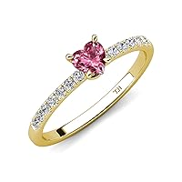 Heart Shape Pink Tourmaline and Round Diamond 1 1/6 ctw Tiger Claw Set Four Prong Women Engagement Ring 10K Gold
