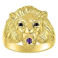 Rylos Mens Rings 14K Yellow Gold Lion Head Ring Genuine Black Diamonds Eyes & Gemstone Colorstone in Mouth Fun Designer Rings For Men Men's Rings Gold Rings Sizes 6,7,8,9,10,11,12,13 Mens Jewelry