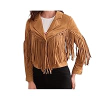 Women's Western Native American Fringe Jacket Cowgirl Real Suede Leather Bolero Shrug Shirt Jacket (Free Express Shipping)