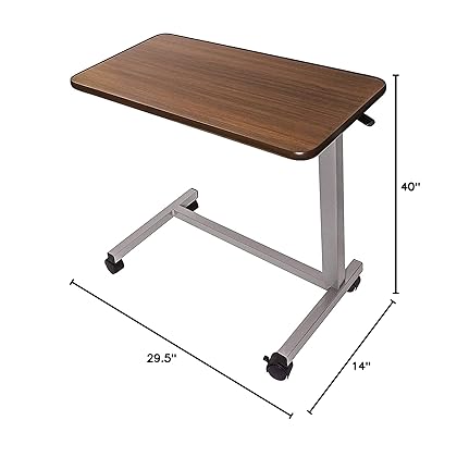 Vaunn Adjustable Overbed Bedside Table With Wheels (Hospital and Home Use), Walnut Brown