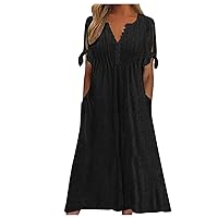Manzene Summer Eyelet Button-up Tie Short Sleeve Dresses Breathable Bohemian Midi Dresses Casual Beachy Outfits with Pockets Black