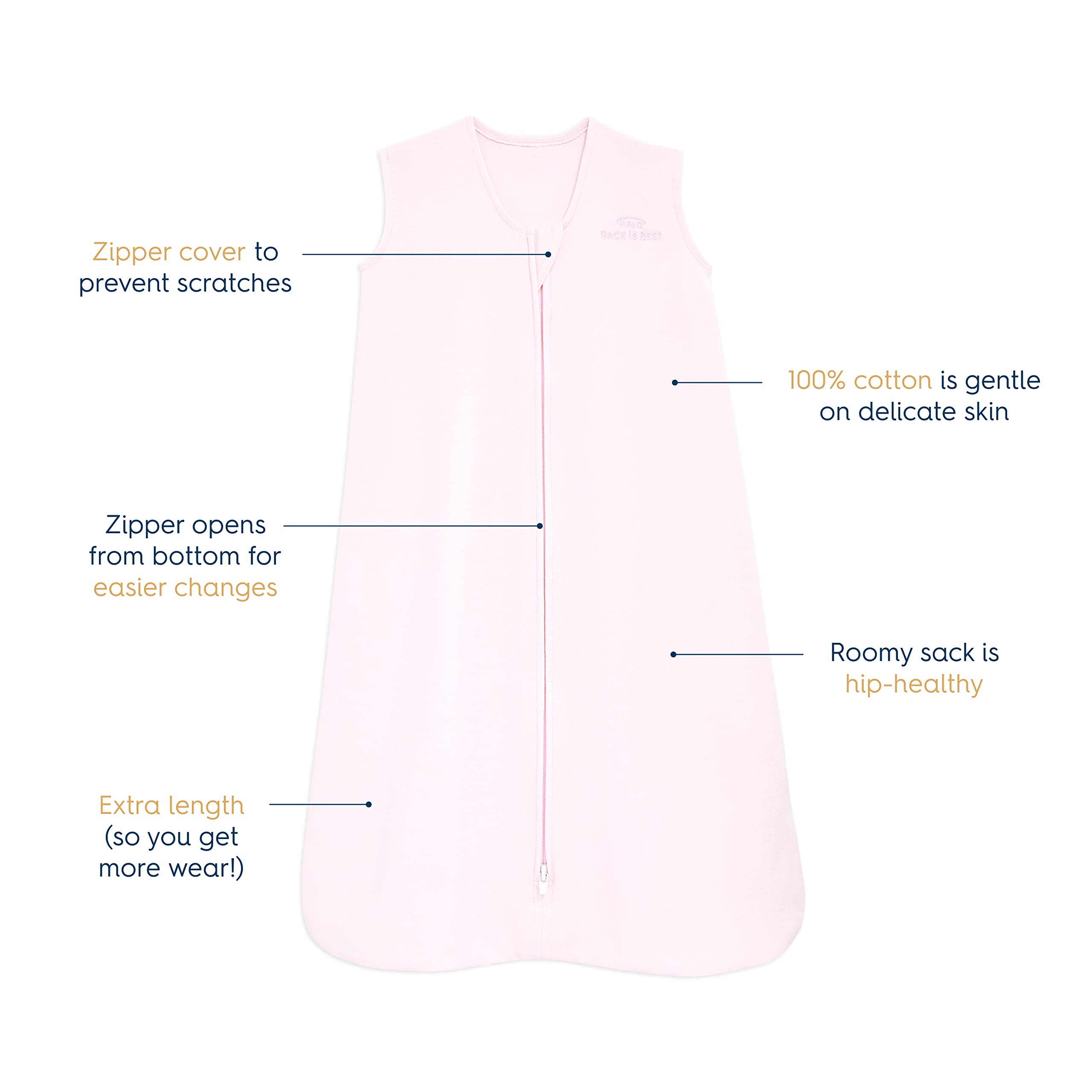 HALO Sleepsack, 100% Cotton Wearable Blanket, Swaddle Transition Sleeping Bag, TOG 0.5, Soft Pink, X-Large, 18-24 Months