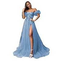 High Split Glitter Tulle Prom Dresses Long Ball Gown 3D Flower Applioques Sweetheart Evening Formal Gowns