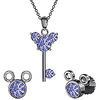 Created Round Cut Blue Tanzanite Gemstone 925 Sterling Silver 14K Rose Gold Over Diamond Mickey Mouse Key Stud Earring Pendant Necklace Jewelry Set for Women's & Girl's