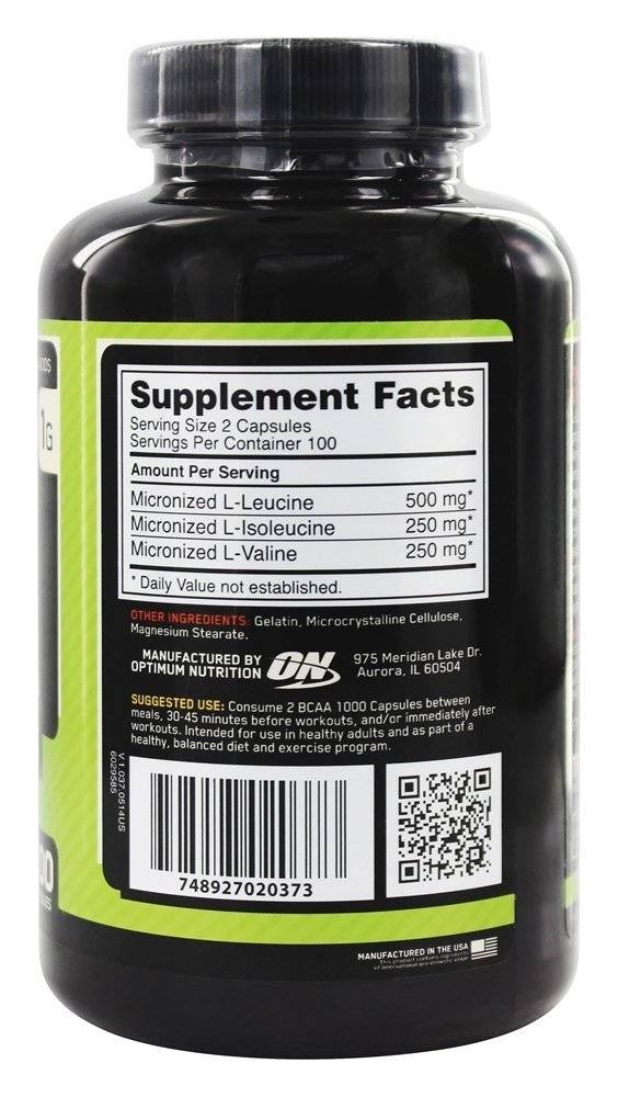 Optimum Nutrition Instantized BCAA Branched Chain Essential Amino Acids Capsules, 1000mg, 200 Count