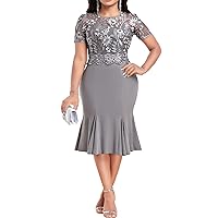 Womens Round Neck Embroidery Prom Party Evening Ruched Bodycon Mermaid Fishtail Midi Dress