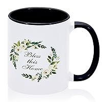 Funny Coffee Mug Bless This Home Ceramic Tea Cup Spring Summer Green Wreath Stylish Ceramic Mugs Gifts for Best Friend Daughter Kids Unisex 11oz Black
