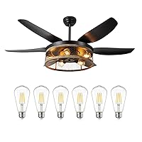 Ohniyou 52'' Farmhouse Ceiling Fan & Vintage LED Edison Bulbs, Rustic Ceiling Fans with Lighting Fixtures for Kitchen Bedroom Living Room
