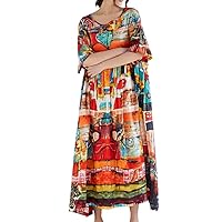 Oversized Summer Women's Half Sleeve Dress Female Loose Scoop Neck Abstract Print Maxi Baggy Beach Dresses Red
