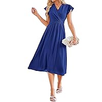 JASAMBAC Womens Dresses Casual Ruffle Short Sleeves Chiffon Empire Waist Elastic V-Neck Wedding Guest A-Line Maxi Dress