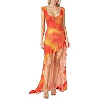 Women Sheer Mesh High Slit Dress Sleeveless See Through Hollow Long Dress Sexy Fashion Beach Party Club Dress