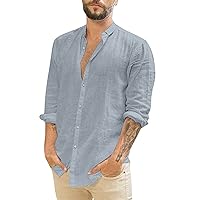 Men's Trendy Solid Long Sleeve Button Down Shirts Cotton Linen Loose Fit Lightweight Summer Beach Lapel Collared Tops