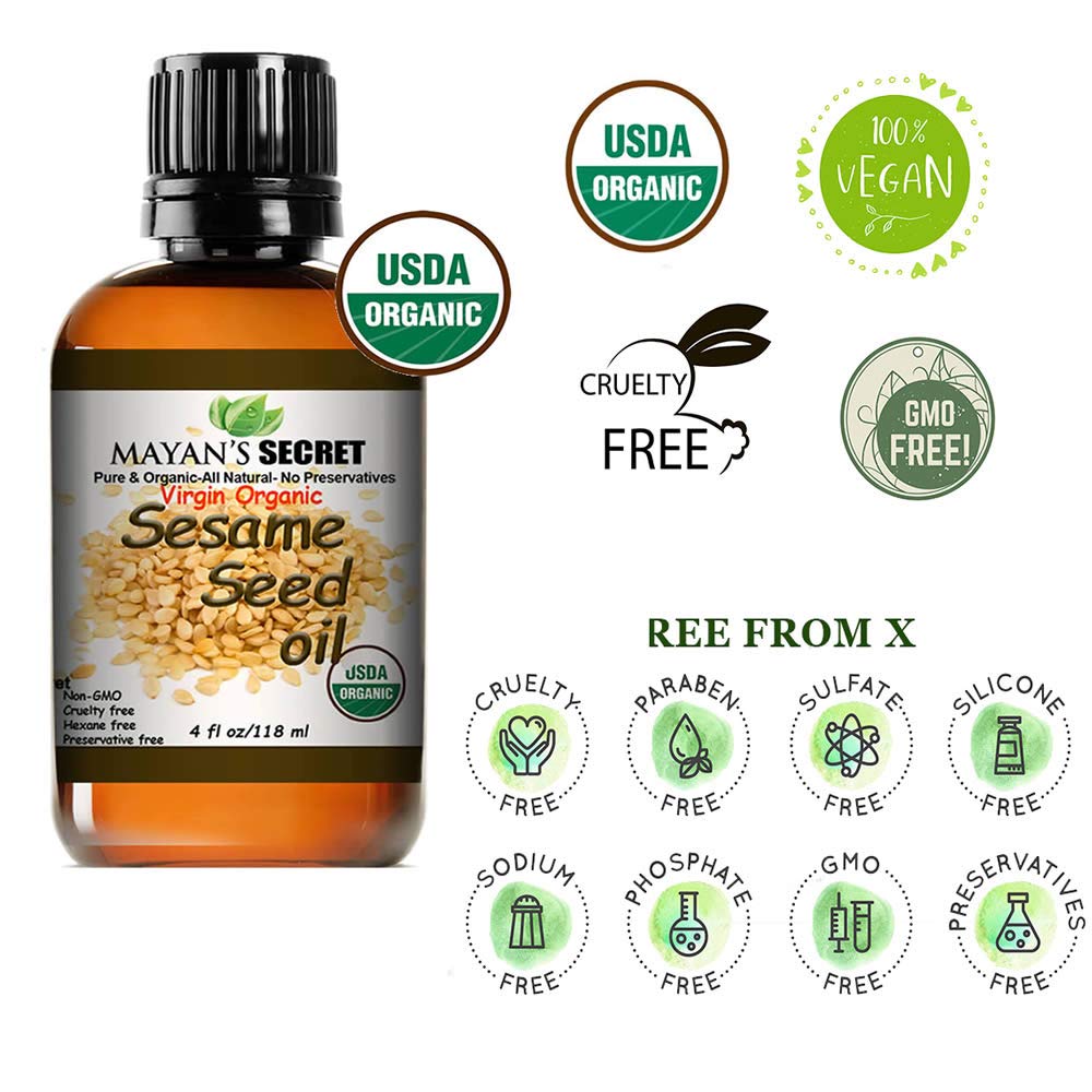 USDA Certified Virgin Organic Sesame Seed Oil Unrefined 100% Pure Natural For Skin, Body, Face, and Hair Growth Moisturizer. Great For Creams, Lotions, Lip balm and Soap Making Large 4oz Glass Bottle