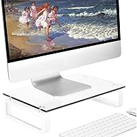 Hemudu Clear Computer Monitor Stand Riser Multi Media Desktop Stand for Flat Screen LCD LED TV, Laptop/Notebook, with Tempered Glass and Metal Legs, HD02T-001