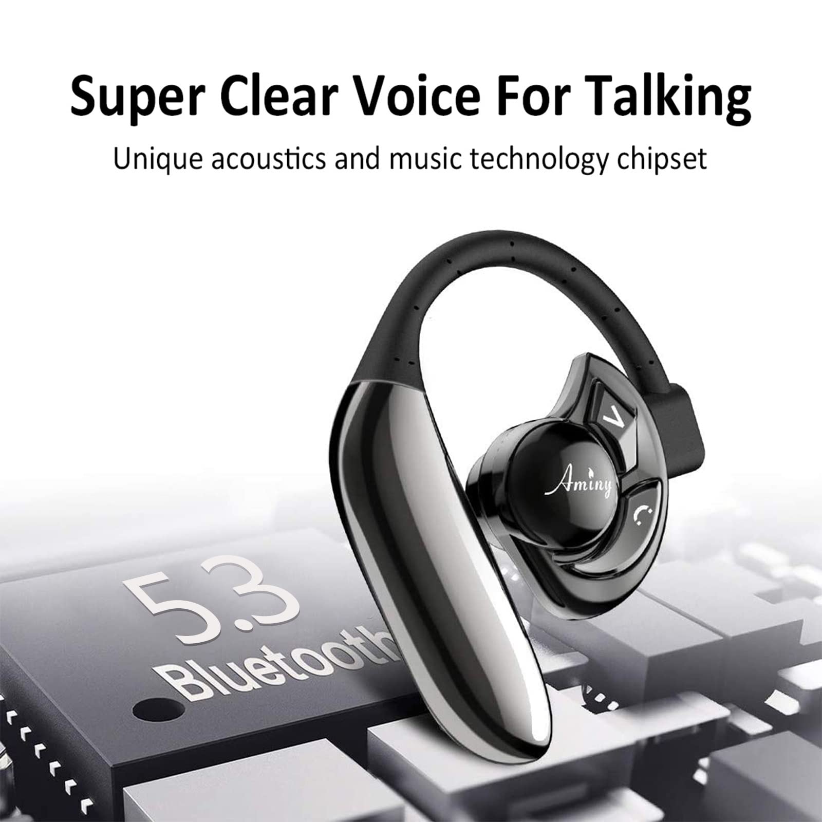 AMINY Bluetooth Headset,Wireless Bluetooth Earpiece Compatible with iPhone/Android Cell Phones,Auriculares Bluetooth Earpiece 28 Hrs Talking Time V5.3 Wireless Headset,Button Depress Version