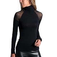 Sheer Shoulder Detail Black Women's Blouse - High Neck, Long Sleeves with Body-Hugging Fit for Chic and Modern Look