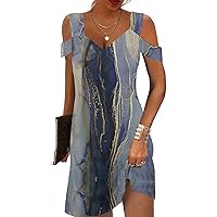 Womens Summer Dress Cold Shoulder V Neck Floral Printed 2024 Fashion Sundress with Pockets