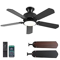44In Low Profile Ceiling Fans with Lights and APP&Remote Control,Farmhouse Flush Mount Ceiling Fan for Indoor/Outdoor,3 Colors Dimmable,5 Reversible Double-Sided Blades（Black）