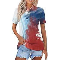 Women's Fourth of July Outfit Fashion Casual Lapel Short Sleeve America Flag Print Shirt Button Tops, S-3XL