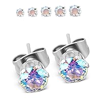 5 Pairs of Surgical Stainless Steel Aurora Borealis Crystal CZ Stud Earrings 3,4,5,6, & 7mm