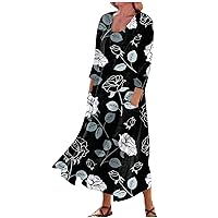 Women's 2024 Floral Long Sleeve Scoop Neck Dress Casual Loose Fit Maxi Dresses with Pockets