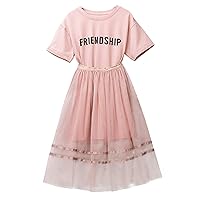 Girls Letter Printed Short Sleeve T-Shirts Dress Top and Tulle Skirt Clothes Set Age 2-13 Years