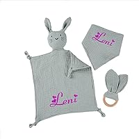 Embroidered Blanket,Personalized Organic Cotton Muslin Soft Security Blankets,Custom Made with Names Blanket. for Baby Boys and Girls (Grey,30X30CM)