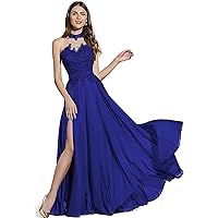 Long Halter Chiffon Dress with Slit for Women, Appliques Prom Ball Gown Formal Evening Gown Wedding Dress
