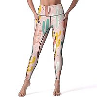 Long Watercolor Cactus Casual Yoga Pants with Pockets High Waist Lounge Workout Leggings for Women