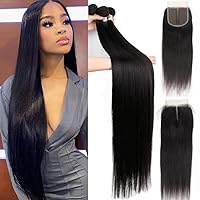 Straight 3 Bundles with Closure 100% Unprocessed Peruvian Straight Human Hair Weave with 5x5x1 T Part Lace Closure Natural Color (22 24 26+18inch)