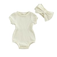 Kupretty Baby Girl Romper Summer Clothes Rib Short Sleeve Romper Bodysuit Jumpsuit + Bow Headband Newborn Infant Playsuit
