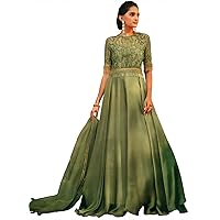 Olive Branch-Green Floor-Length A-Line Lehenga Suit with Zari-Embroidered Border and Hanging Long Glass Beads