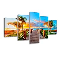 Tropical Beach Painting Decor, SZ 5 Piece Palm Tree Sunset Picture Canvas Wall Art, Ocean Canvas Prints for Bedroom, Ready to Hang, Waterproof, 24x50 overall