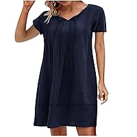 Cotton and Linen Dress for Women Loose Fit Tie V Neck Short Sleeve Pleated Tshirt Dress Casual Summer Knee Length Dress