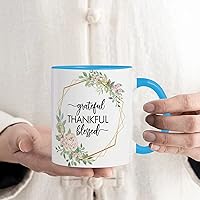 Mom Birthday Gifts Grateful Thankful Blessed Ceramic Tea Cup 11oz Greenery Floral Wreath Porcelain Accent Mugs Workout Coffee Tea Mug for Cocoas Tea Beverages Hot Chocolate