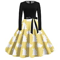 Easter Womens 1950s Retro Vintage Long Sleeve Cocktail Party Swing Dress Crewneck Bunny Print Prom Party Rabbit Dress