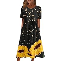 Mother's Day Wedding Novelty Dresses Womens Calf-Length Short Sleeve Fit Print Dress Ladies Pleated Softest Yellow XL