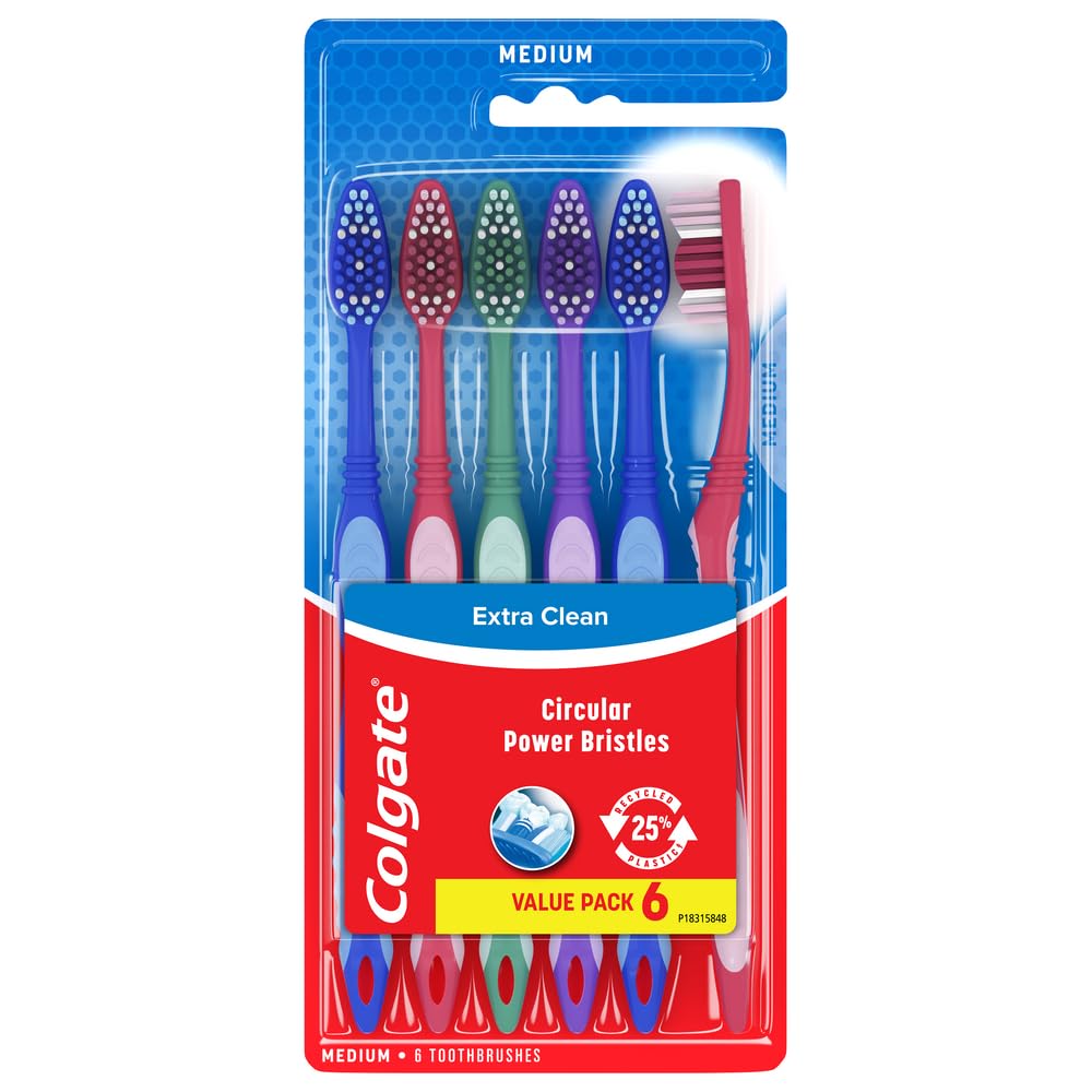 Colgate Extra Clean Toothbrush, Medium Bulk Toothbrush Pack, Adult Medium Bristle Toothbrushes with Ergonomic Handle and Circular Cleaning Bristles, Helps Remove Surface Stains, 6 Pack