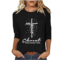 Lightning Deals of Today 2024 Easter Shirts for Women Jesus Faith Cross Graphic 3/4 Sleeve Tunic Tops Christian Religious Gift Sweatshirt Tshirt Spring Summer Workout Crewneck Pullover Blouses