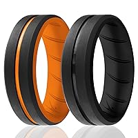 ROQ Silicone Rubber Wedding Ring for Men, Comfort Fit, Men's Wedding Band, Breathable Rubber Engagement Band, 8mm Wide 2mm Thick, Engraved Duo Middle Line, 2 Pack, Black & Orange, Size 16