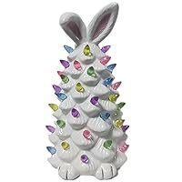 2024 Easter Bunny Decor, 9.6” Pre-Lit Ceramic Easter Bunny Tree, Battery Operated Easter Tree Lights Bunny Ear Trees for Spring Easter Holiday Party Decorations or Gifts