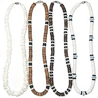 (4 Pack) Mens and Womens Summer Beach Surfer Necklaces From the Philippines, White Ark Shells with Brown and Black Coconut Beads
