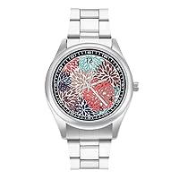 Dahlia Pinnata Flower Beige and Blue Fashion Wrist Watch Arabic Numerals Stainless Steel Quartz Watch Easy to Read