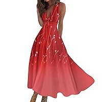 Maxi Dresses for Women 2024 Casual Summer Sleeveless V Neck Boho Waist Retro Printed Long Dress